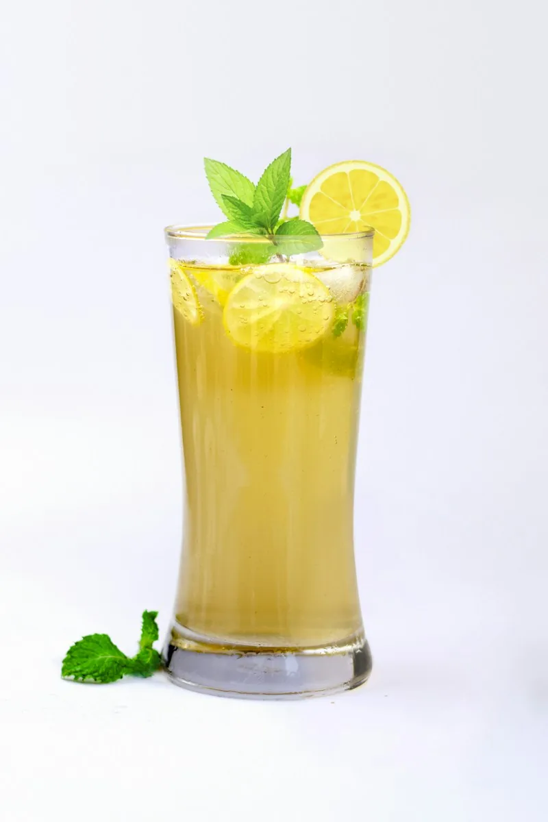 Glass of chilled drink with lemon and mint