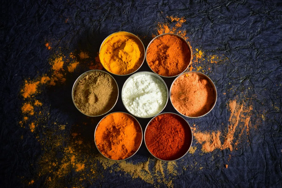 Steel bowls filled with colourful ground spices